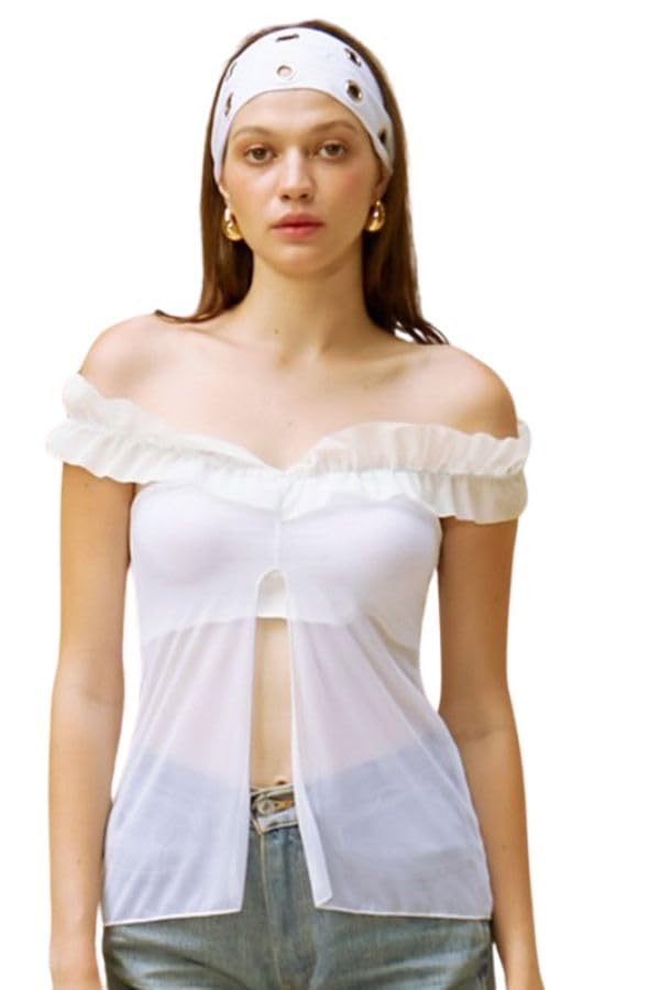 Elegant Off-Shoulder Ruffle Top with Front Tie Detail